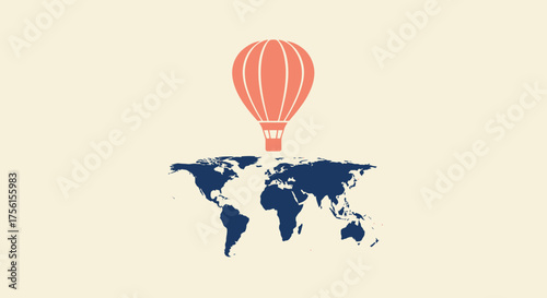 A stylized globe beneath a coral hot air balloon against a cream backdrop