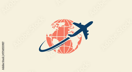 A stylized globe, coral-colored with white lines, crossed by a dark blue airplane & path