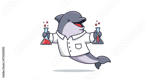 Cartoon dolphin wearing a lab coat, holding beakers with red liquid, smiling cheerfully.