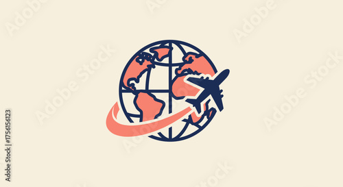 A globe icon, with landmasses in coral, is circled by a plane and a coral arc
