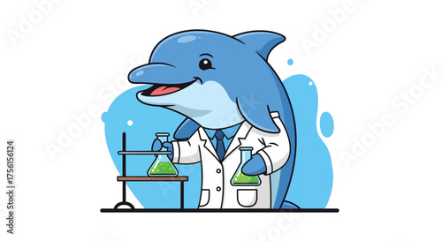 Cartoon dolphin in a lab coat conducting a science experiment with beakers and green liquid.