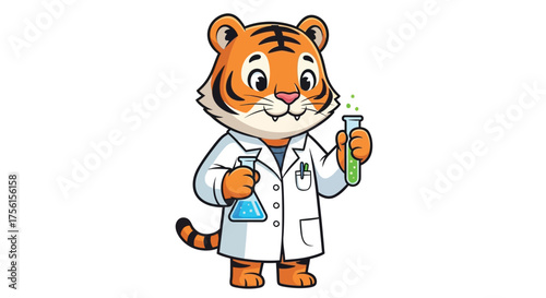 Cute Tiger Scientist Mascot Holding Test Tubes