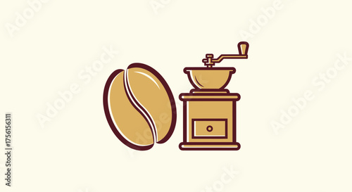 Vector illustration of a coffee bean and a hand grinder, with a warm color palette