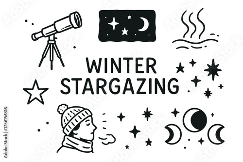 Hand-drawn design featuring winter stargazing elements including a telescope, stars, moon phases, and a warmly dressed person exhaling visible breath.