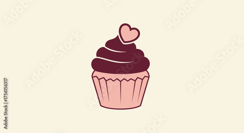 A cupcake illustration with dark frosting, a heart on top, on a light background