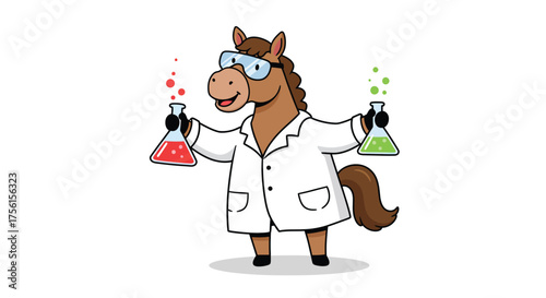 Cute Horse Scientist Mascot Holding Test Tubes