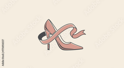A minimalist illustration shows a stiletto heel wrapped with a ribbon, both in muted tones
