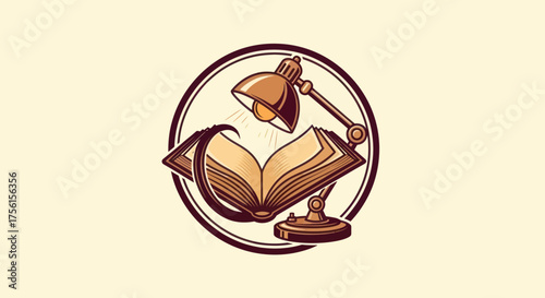 An open book illuminated by a desk lamp, enclosed within a dark circular frame on cream