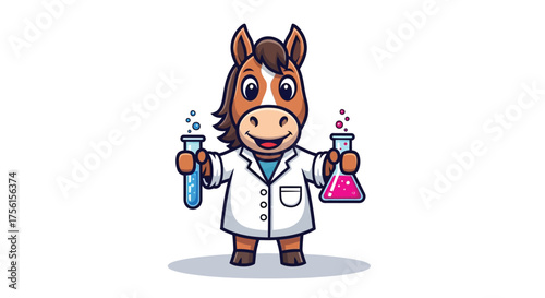 Cute Horse Scientist Mascot Holding Test Tubes