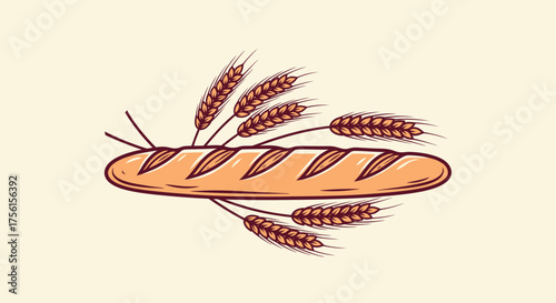 Stylized illustration of a baguette with wheat stalks. Graphic elements in brown tones. Background is beige