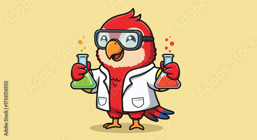 Cartoon parrot scientist wearing goggles and lab coat holding beakers with colorful liquids.