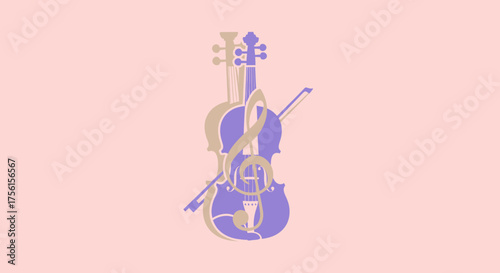 A purple & beige violin silhouette with a treble clef & bow on a pink background