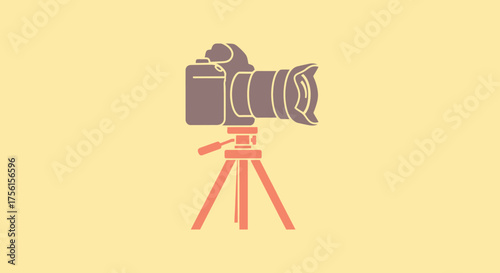 Illustration of a DSLR camera with large lens on a tripod against a yellow background