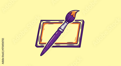 A purple paintbrush dips into orange paint, resting on an empty frame, all on a yellow-beige background