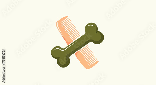 An illustrated composition featuring a green dog bone intersecting with two combs on a cream background