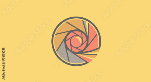 Abstract design of a lens aperture with various shades of orange, gray, and yellow