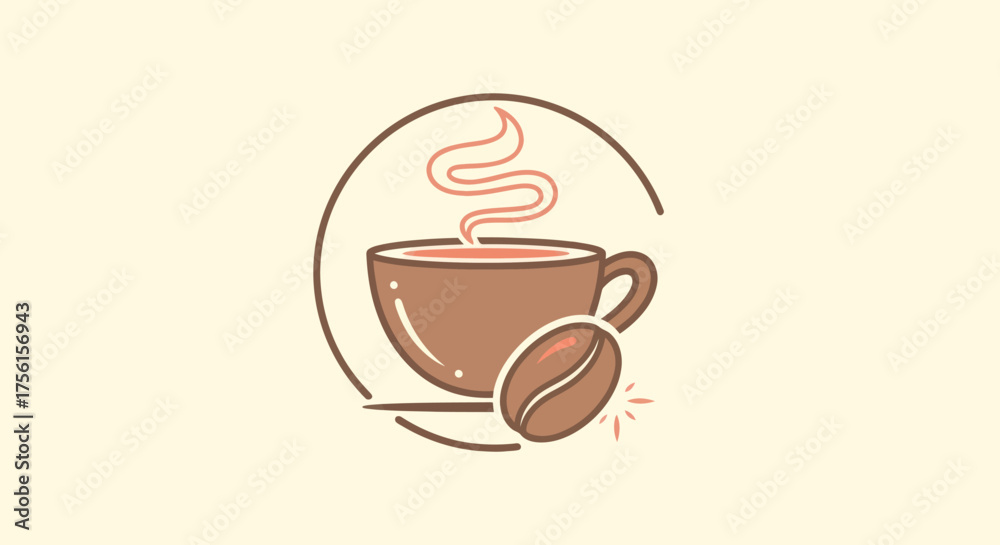 Obraz premium A stylized coffee cup with steam, a coffee bean, and a surrounding circle on a cream background