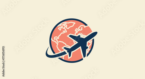 A globe with an airplane flying around it, a travel logo