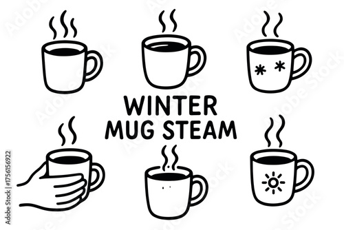 Collection of six steaming coffee mugs with winter-themed designs in a simple black outline style, featuring stars, a sun, and a hand holding a mug.