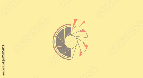 Abstract graphic of a camera aperture, partly open, on a yellow background