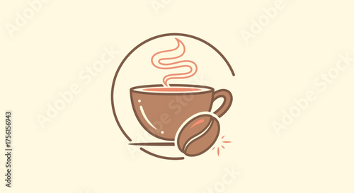A stylized coffee cup with steam, a coffee bean, and a surrounding circle on a cream background