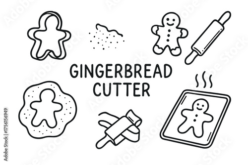 Black outline drawings of gingerbread figures, cookie cutter, rolling pins, dough, and a baking sheet with a gingerbread design.