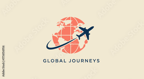 A globe encircled by a plane's path, "Global Journeys" below. Colors coral, blue on cream