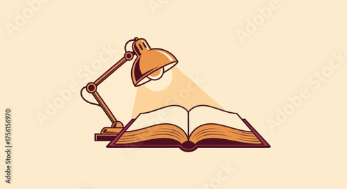 A book is opened, lit by a small lamp casting a glow on the pages, on cream background