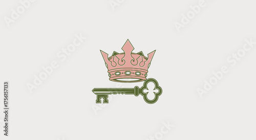 A crown rests above a key, both in soft shades of green and pink