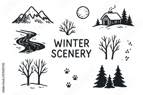 Hand-drawn black and white illustrations of winter scenery featuring mountains, a cabin, trees, and animal footprints.