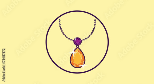 A stylized pendant necklace within a circle, featuring a purple gem and teardrop-shaped orange gem
