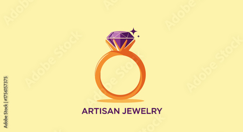 A simple, vibrant logo features a gold ring with a purple diamond. Text at the bottom reads "Artisan Jewelry