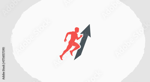 A red figure runs up a gray arrow against a white textured background within a subtle grey ring