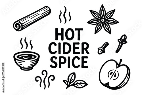 Black outline illustrations of hot cider spices, including a cinnamon stick, star anise, cloves, a steaming cup, sliced apple, and leaves.