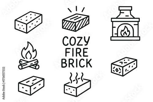 Black outline vector icons of bricks, fireplace, and campfire arranged around the words cozy fire brick, emphasizing warmth and home comfort.