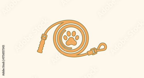 A coiled dog leash with paw print, handle, clasp, and buckle