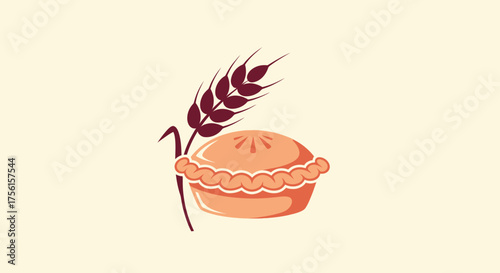 A pie and wheat illustration on a light background. The pie has crust details