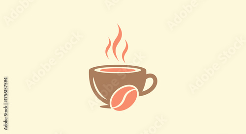 A steaming coffee cup with a bean beside it, simple, brown, and beige design on a soft background