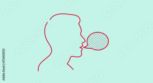 A red outline of a head profile with a speech bubble, with a light blue background