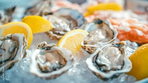 Fresh oysters and lemon slices on ice close up seafood delicacy image