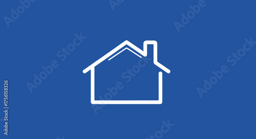 A simple white house outline with a chimney on a vibrant blue background