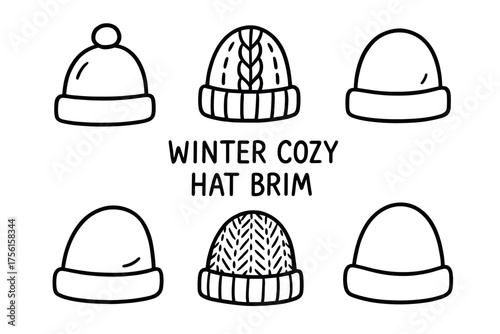 Black outline vector icon set of six different winter cozy hats with various designs, including pom-pom and cable knit patterns.