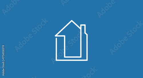 A white outline of a house with a chimney on a solid blue background. Simple, minimalist design