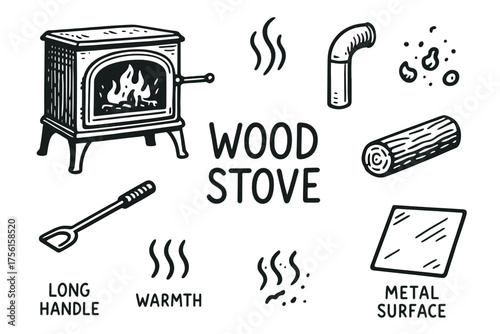 Black outline illustrations of a wood stove, long handle, metal surface, and firewood, highlighting elements of warmth and heating.