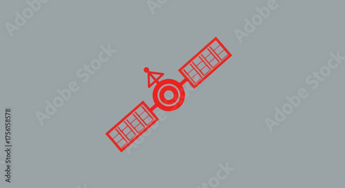 A red illustration of a satellite against a gray backdrop, consisting of solar panels and a central body