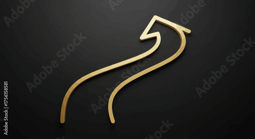 A stylized gold arrow, with a curving design, pointing upwards against a black background