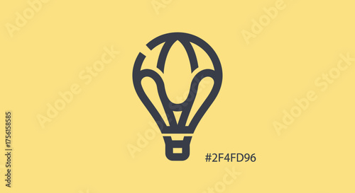 A stylized hot air balloon illustration in dark blue on a yellow background. A color code appears