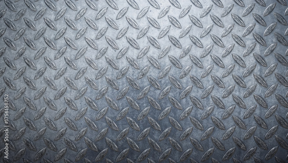 Fototapeta premium Detailed view of a metallic sheet featuring a shiny diamond tread pattern with elevated ridges, showcasing a contemporary industrial style.