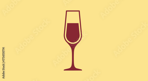 A stylized, dark red champagne flute filled partway with a dark red liquid against yellow