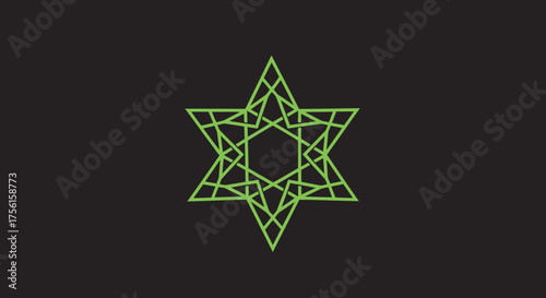 A green geometric star with multiple intersecting lines on a dark background